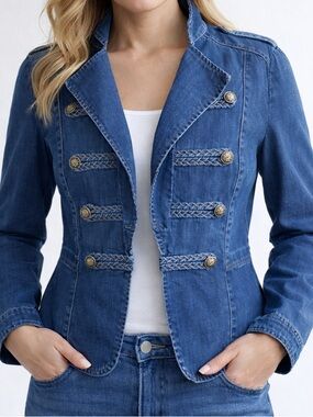 Military style Chico's Denim  Style Jacket With Braided Button Detail